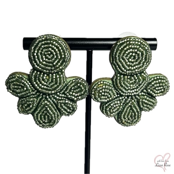 Beaded Leather Flutter Woven Green Statement Earrings (J.Crew) - Picture 1 of 5